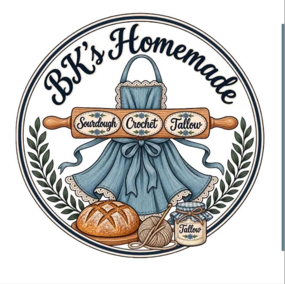 BK's Homemade seal: a blue apron, a rolling pin labeled sourdough, crochet, and tallow, a loaf, a skein of yarn, and a jar of tallow